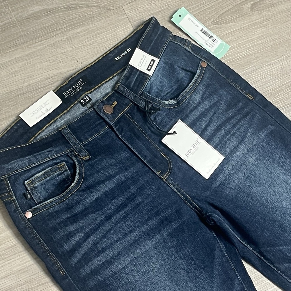 Judy Blue Relaxed Fit Woman's Jeans Sz 9/29 Dark Blue Whiskers Mid Rise Preppy